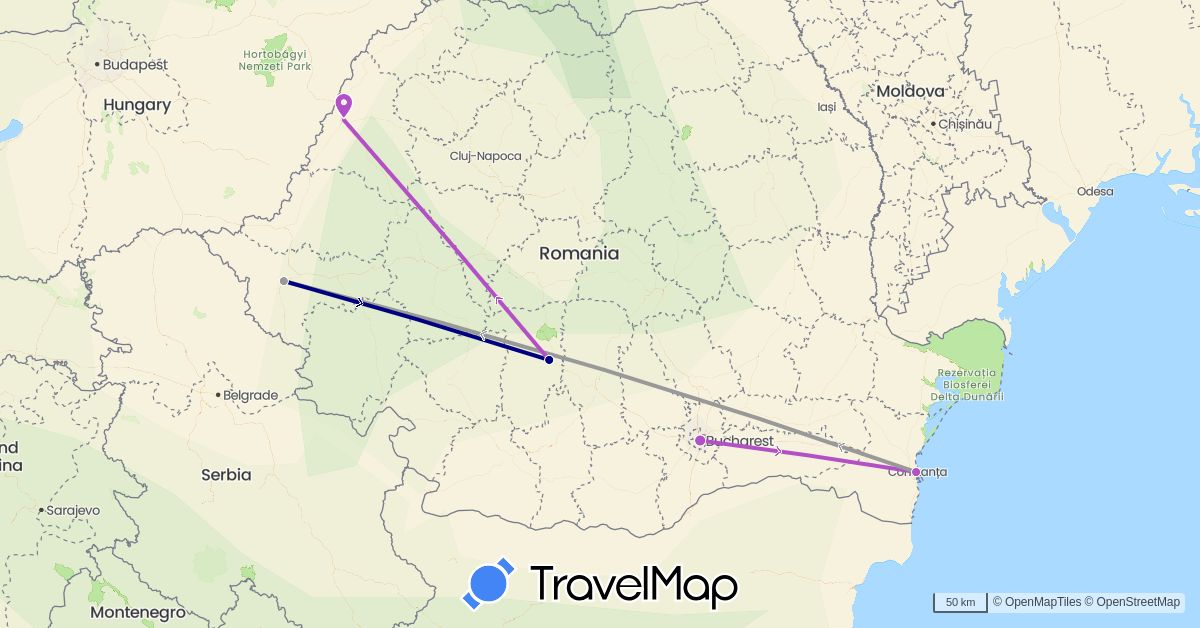 TravelMap itinerary: driving, plane, train in Romania (Europe)