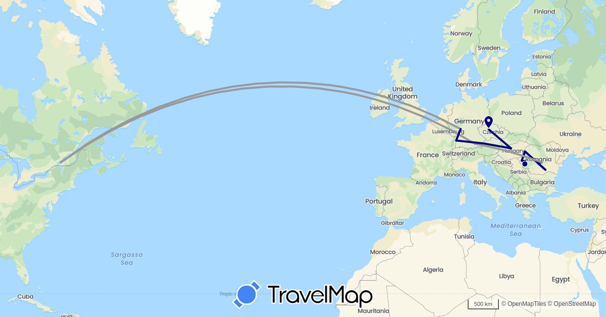 TravelMap itinerary: driving, plane in Canada, Czech Republic, Germany, France, Hungary, Romania (Europe, North America)